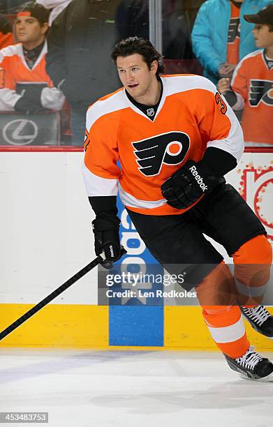 Jay Rosehill of the Philadelphia Flyers warms up prior to his game against the New York Islanders on November 23, 2013 at the Wells Fargo Center in...