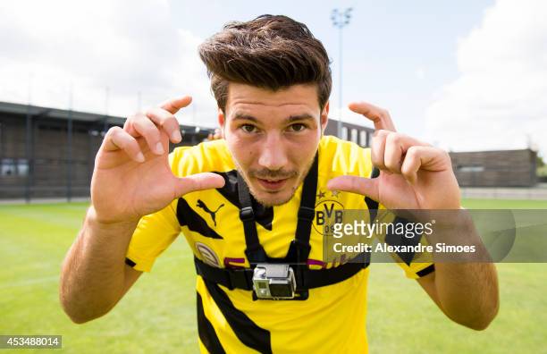 Milos Jojic poses during the Borussia Dortmund team presentation on August 11, 2014 in Dortmund, Germany.