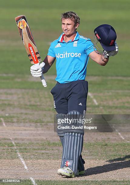 James Taylor of the England Lions celebrates after scoring a century during the Triangular Series match between England Lions and Sri Lanka A at New...
