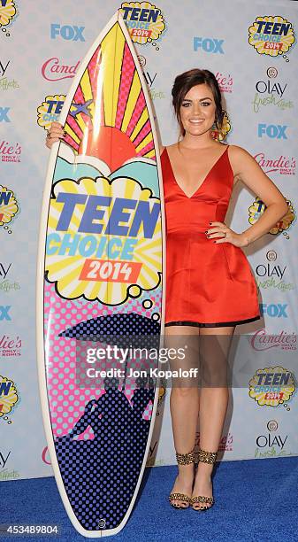 Actress Lucy Hale arrives at the 2014 Teen Choice Awards at The Shrine Auditorium on August 10, 2014 in Los Angeles, California.