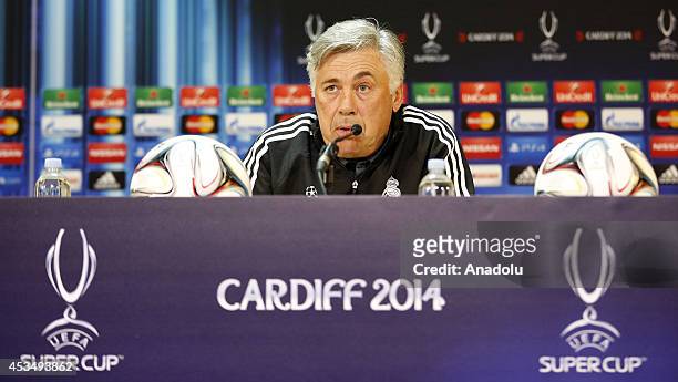 Real Madrid Manager Carlo Ancelotti speaks to the media during the Real Madrid press conference prior to the UEFA Super Cup match between Real Madrid...