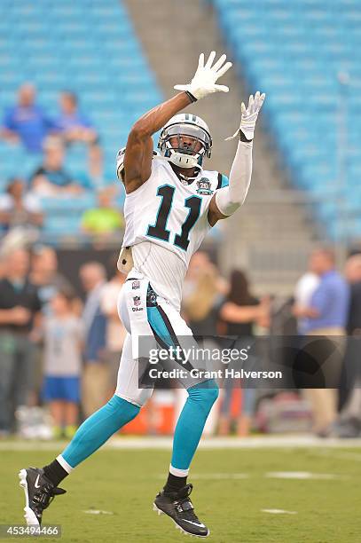 Tiquan Underwood of the Carolina Panthers during their game against the Buffalo Bills at Bank of America Stadium on August 8, 2014 in Charlotte,...