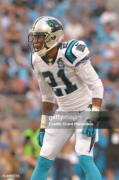 Thomas DeCoud of the Carolina Panthers during their game against the Buffalo Bills at Bank of America Stadium on August 8, 2014 in Charlotte, North...