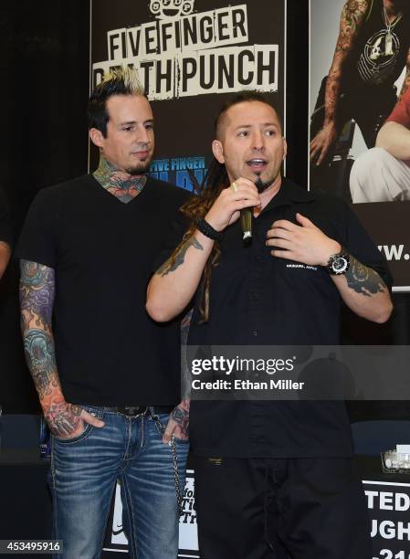 Drummer Jeremy Spencer and guitarist Zoltan Bathory of Five Finger Death Punch speak at Nellis Air Force Base as the band highlights its campaign to...