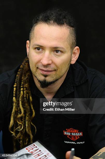 Guitarist Zoltan Bathory of Five Finger Death Punch appears at Nellis Air Force Base as the band highlights its campaign to raise awareness about...