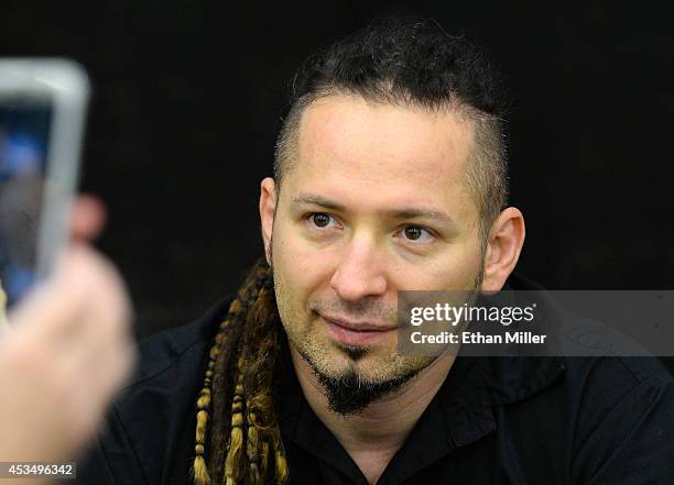Guitarist Zoltan Bathory of Five Finger Death Punch appears at Nellis Air Force Base as the band highlights its campaign to raise awareness about...