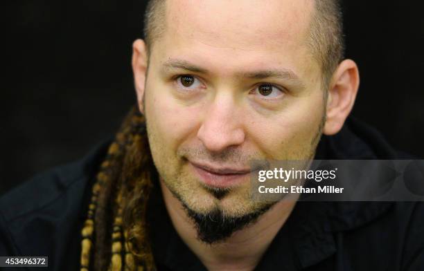 Guitarist Zoltan Bathory of Five Finger Death Punch appears at Nellis Air Force Base as the band highlights its campaign to raise awareness about...