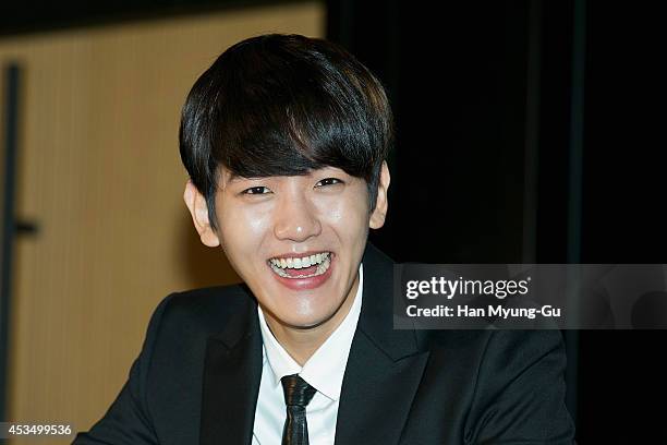 Baek Hyun of boy band EXO attends the press conference for Mnet EXO 902014 at CJ E&M Center on August 11, 2014 in Seoul, South Korea. The program...