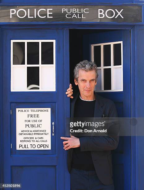 Twelfth Doctor, Peter Capaldi, poses during a world tour to promote the new series of Doctor Who at Dendy Opera Quays on August 12, 2014 in Sydney,...