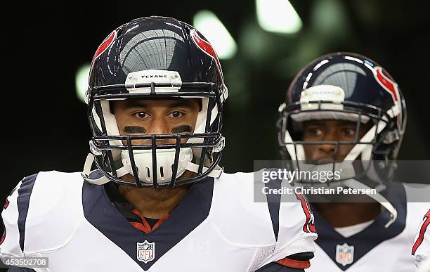 Wide receiver Alec Lemon of the Houston Texans walks out onto the field before the preseason NFL game against the Arizona Cardinals at the University...