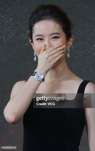 Actress Liu Yifei attends a press conference of a new movie "The Four III" on August 11, 2014 in Shanghai, China.