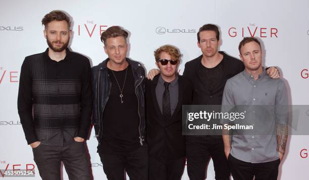 Brent Kutzle, Ryan Tedder, Drew Brown, Zach Filkins and Eddie Fisher of OneRepublic attend "The Giver" premiere at Ziegfeld Theater on August 11,...