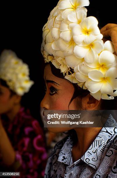 Indonesia, Bali, Barong Dance, Dancer Preparing Costume, Frangipani Flowers.