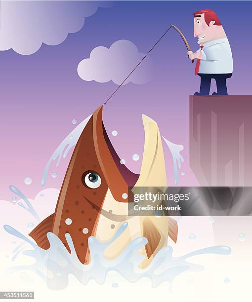 businessman catching big fish - catching big fish stock illustrations