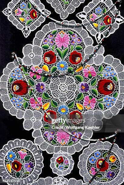 Hungary, Budapest, Street Scene, Souvenirs, Traditional Hungarian Embroidered Placemats, Lace.