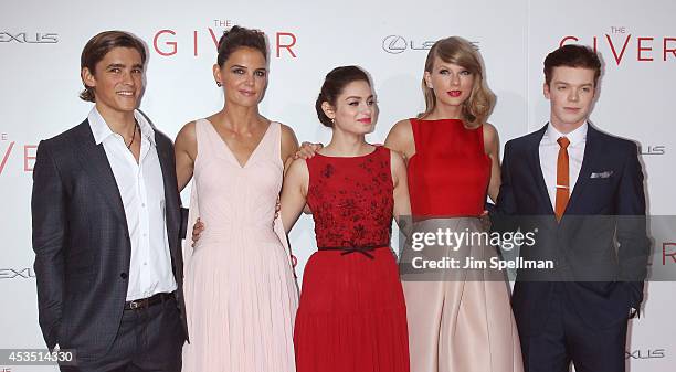 Actors Brenton Thwaites, Katie Holmes, Odeya Rushand, Taylor Swift and Cameron Monaghan attend "The Giver" premiere at Ziegfeld Theater on August 11,...