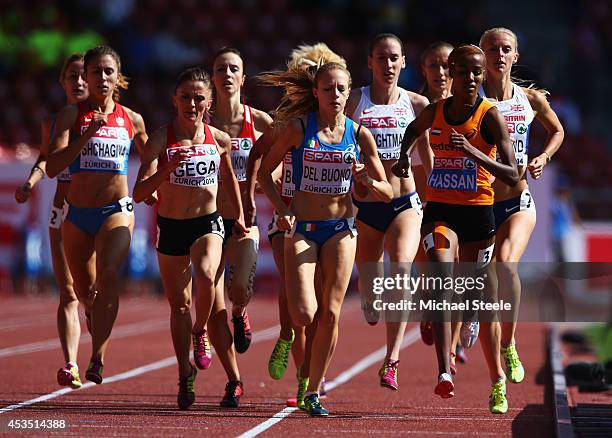 Anna Shchagina of Russia, Luiza Gega of Albania, Federica Del Buono of Italy and Sifan Hassan of the Netherlands compete in the competes in the...