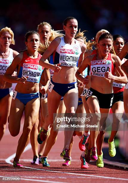 Anna Shchagina of Russia, Laura Weightman of Great Britain and Northern Ireland and Luiza Gega of Albania compete in the Women's 1500 metres heats...