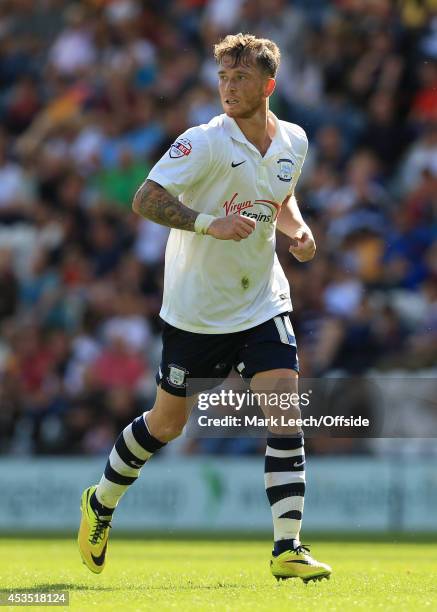 Joe Garner of Preston in action during the Sky Bet League One match between Preston North End and Notts County at Deepdale on August 9, 2014 in...