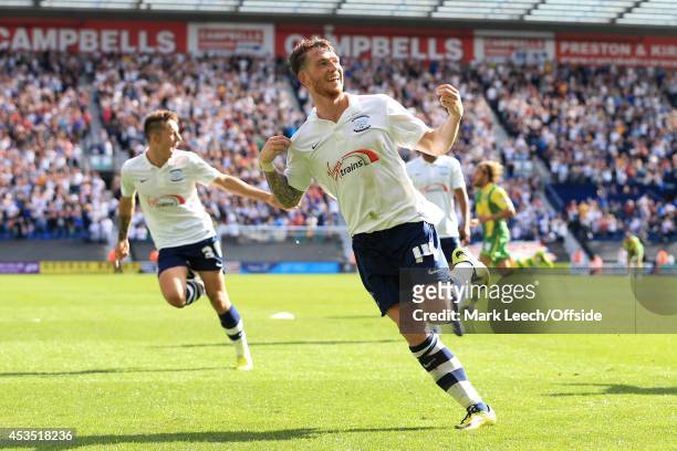 Joe Garner of Preston celebrates after scoring their 1st goal during the Sky Bet League One match between Preston North End and Notts County at...