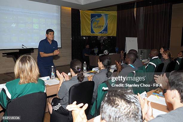 Referees instructor Oscar Julian Ruiz Acosta of Columbia reacts during the FIFA Referees and Assistant Referees Thieory Course at the Hilton Hotel...