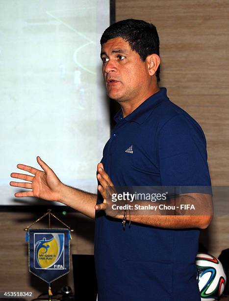 Referees instructor Oscar Julian Ruiz Acosta of Columbia speaks during the FIFA Referees and Assistant Referees Thieory Course at the Hilton Hotel...