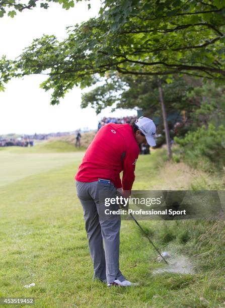 Rory McIlroy of Northern Ireland playing from the edge of the second fairway during the second round of the 141st Open Championship at Royal Lytham &...