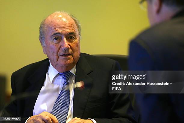 President Joseph S. Blatter talks to FIFA Secretary General Jerome Valcke prior to a Meeting of the FIFA Executiv Committee at Costa do Sauipe Resort...