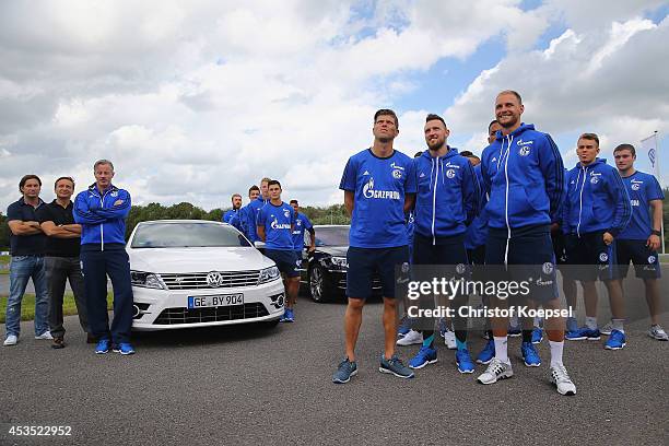 The team of Schalke get new Volkswagen cars during a test drive at driving safety centre Rheinberg on August 12, 2014 in Rheinberg, Germany.