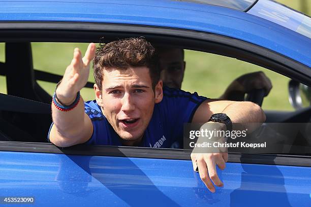 Leon Goretzka of Schalke gestures during a test drive at driving safety centre Rheinberg on August 12, 2014 in Rheinberg, Germany.