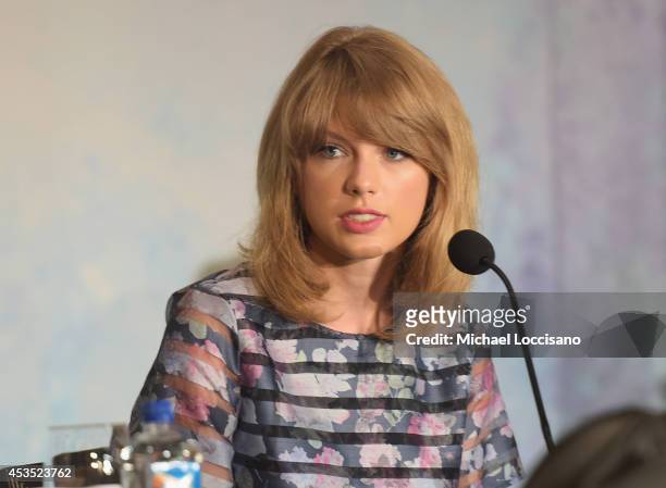 Actress/musician Taylor Swift takes part in a press conference for the Weinstein Company's "The Giver"at JW Marriott Essex House on August 12, 2014...