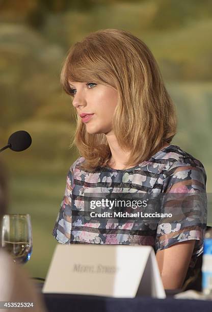 Actress/musician Taylor Swift takes part in a press conference for the Weinstein Company's "The Giver"at JW Marriott Essex House on August 12, 2014...