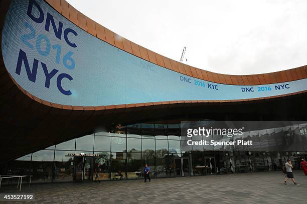 Democratic National Convention logo is viewed at the Barclays Center as committee members tour the site as part of New York City's bid to host the...