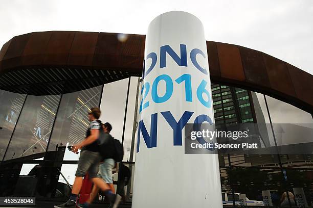 Democratic National Convention logo stands at the Barclays Center as committee members tour the site as part of New York City's bid for Brooklyn to...