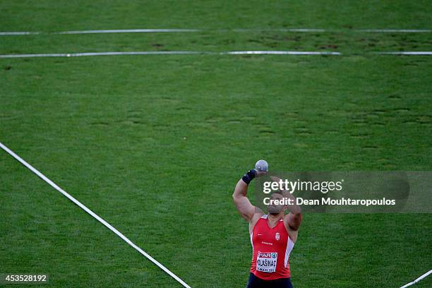 Asmir Kolasinac of Serbia competes in the Men's Shot Put final during day one of the 22nd European Athletics Championships at Stadium Letzigrund on...