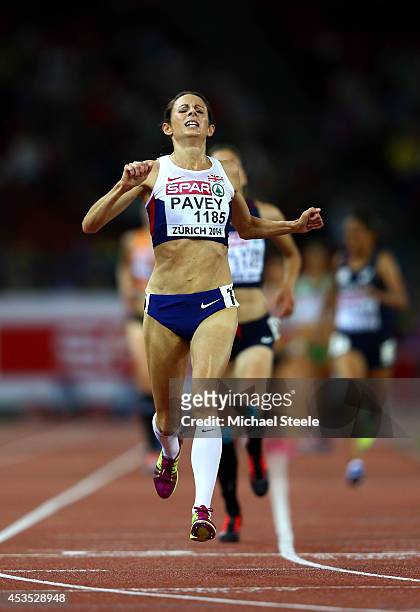 Jo Pavey of Great Britain and Northern Ireland crosses the line to win gold in the Women's 10,000 metres final during day one of the 22nd European...