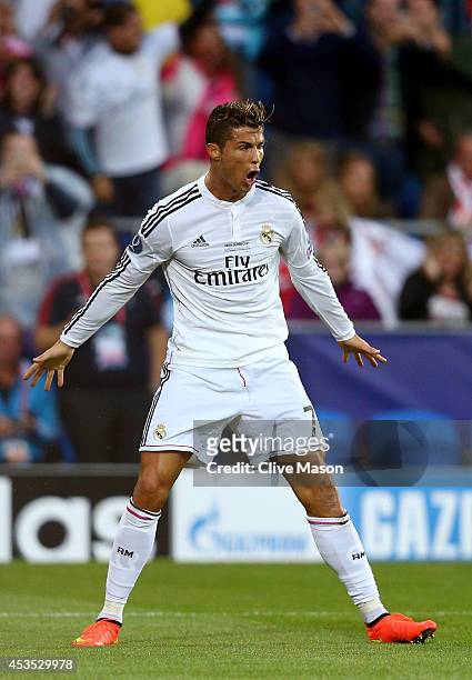 Cristiano Ronaldo of Real Madrid celebrates after scoring the opening goal during the UEFA Super Cup between Real Madrid and Sevilla FC at Cardiff...