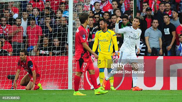 Real Madrid player Ronaldo celebrates after scoring the opening goal during the UEFA Super Cup match between Real Madrid and Sevilla FC at Cardiff...
