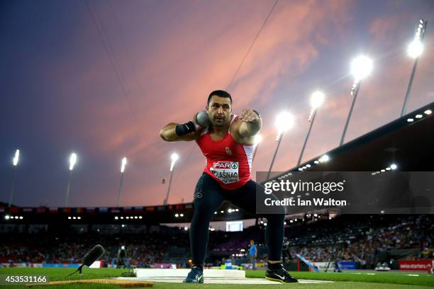 Asmir Kolasinac of Serbia competes in the Men's Shot Put final during day one of the 22nd European Athletics Championships at Stadium Letzigrund on...