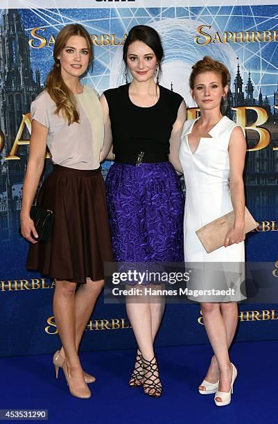 Actress Laura Berlin, Maria Ehrich and Josefine Preuss attend the Munich premiere of the film 'Saphirblau' at Mathaeser Filmpalast on August 12, 2014...