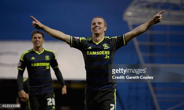 Grant Leadbitter of Middlesbrough celebrates scoring his team's second goal during the Capital One Cup First Round match between Oldham Athletic and...