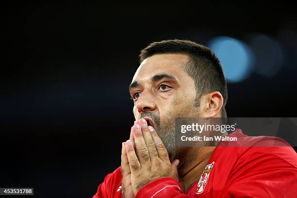 Asmir Kolasinac of Serbia reacts in the Men's Shot Put final during day one of the 22nd European Athletics Championships at Stadium Letzigrund on...