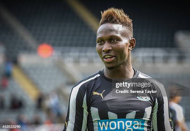 Mapou Yanga-Mbiwa smiles during a Newcastle United Training Session at St.James' Park on August 12 in Newcastle upon Tyne, England.