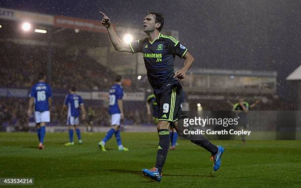 Kike of Middlesbrough celebrates scoring his team's 3rd goal during the Capital One Cup First Round match between Oldham Athletic and Middlesbrough...