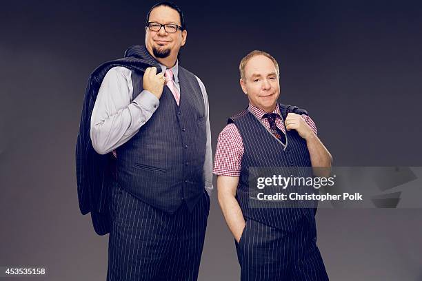 American illusionists and entertainering Penn & Teller poses for a portrait at CW network panel at the the Summer 2014 TCAs on July 18, 2014 in...