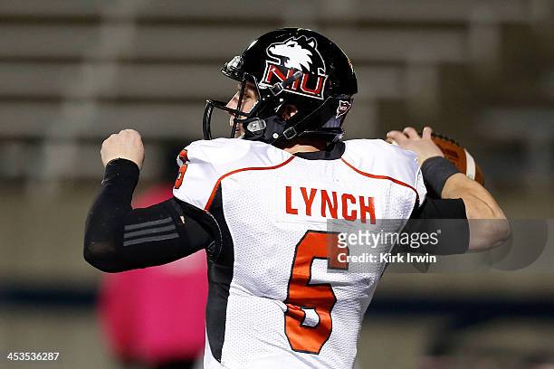 Jordan Lynch of the Northern Illinois Huskies warms up prior to the start of the game against the Toledo Rockets on November 20, 2013 at the Glass...