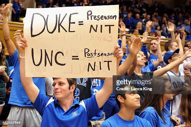 Fan of the Duke Blue Devils holds up a sign prior to a game against the UNC Asheville Bulldogs at Cameron Indoor Stadium on November 18, 2013 in...