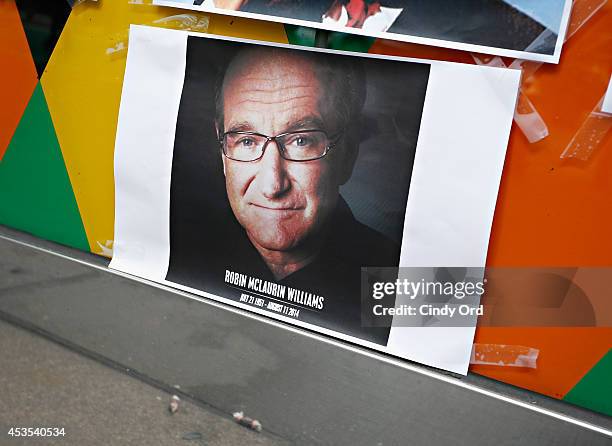 Makeshift memorial for Robin Williams seen in front of Carolines on Broadway comedy club on August 12, 2014 in New York City.