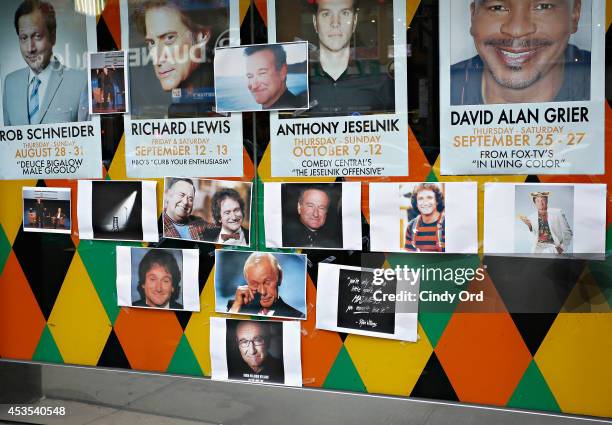 Makeshift memorial for Robin Williams seen in front of Carolines on Broadway comedy club on August 12, 2014 in New York City.