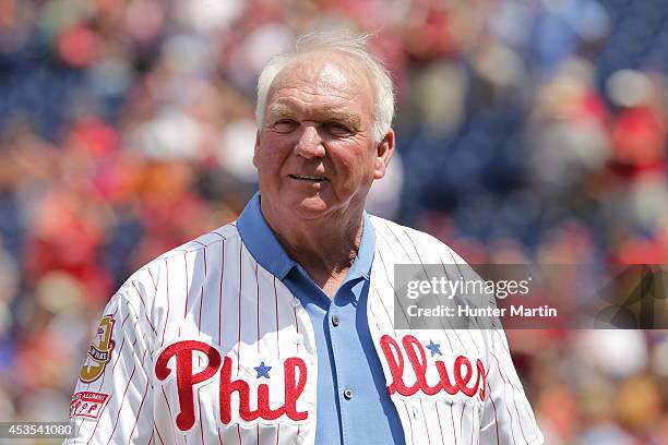 Phillies Alumni Charlie Manuel stands on the field during a pre game ceremony before a game between the Philadelphia Phillies and the New York Mets...